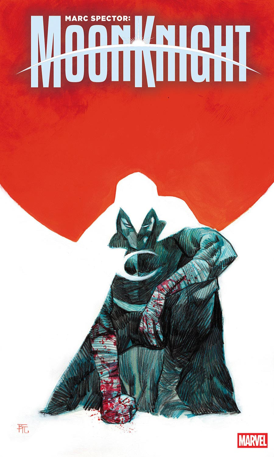 Comic book cover featuring a character in a green and red costume with a red background and 'Marc Spector: Moon Knight' text.