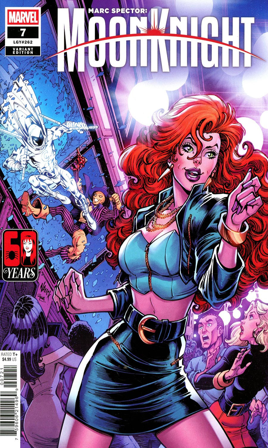 Comic book cover for Marvel's Marc Spector: Moon Knight #7, featuring a stylized illustration of Moon Knight in a black and blue outfit with bright red hair, surrounded by dramatic purple and pink lighting and other comic characters.