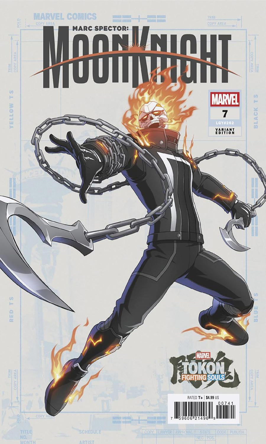 Comic book cover for Marvel's Moon Knight, issue number 7, featuring Marc Spector in a black and white suit with flaming skull and chain weapons, set against a blueprint-style background.