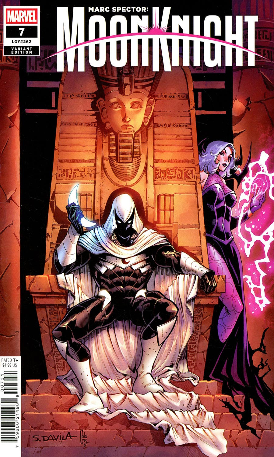 Marvel's Marc Specter: Moon Knight #1 comic book cover, published by Image Comics. The cover art features Moon Knight in his signature white and black suit seated on a stone throne in an Egyptian-style hall, with a purple-skinned female character holding a glowing pink orb standing beside him.