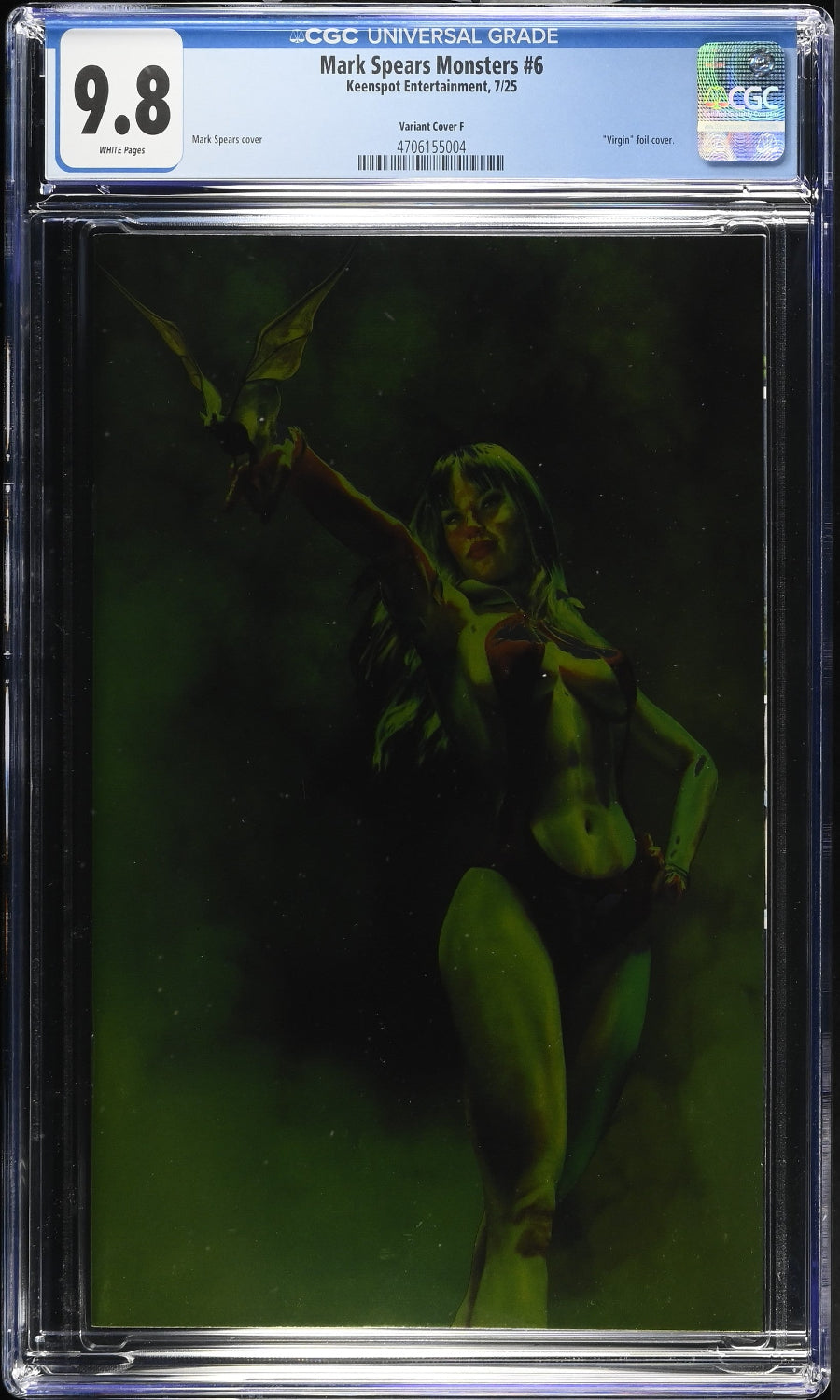 Comic book cover with a green-skinned woman in a black outfit, graded 9.8 by CGC.