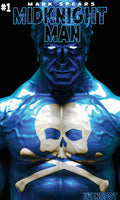 Comic book cover of 'Midnight Man' with a blue-skinned character and skull design.
