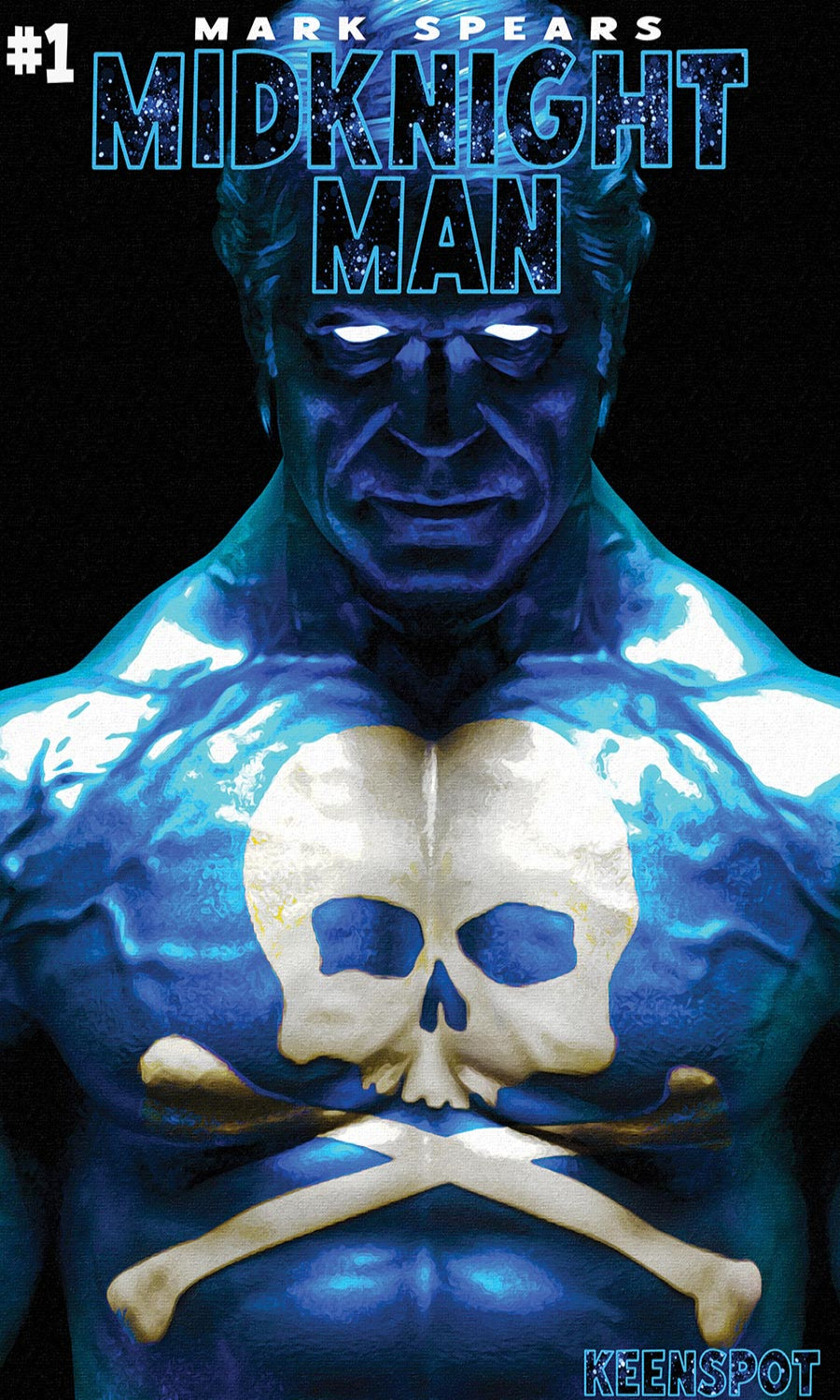 Comic book cover of 'Midnight Man' with a blue-skinned character and skull design.