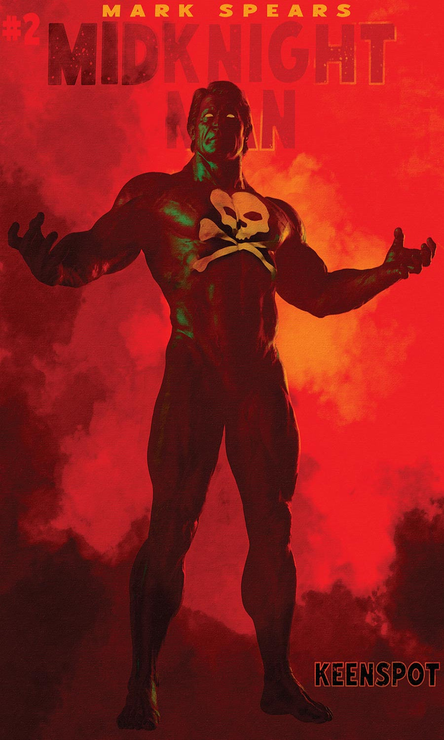 Comic book cover featuring a muscular character with a skull emblem on a red background