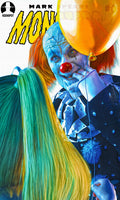 Clown with colorful hair and balloon, wearing a polka dot outfit, with text overlay.
