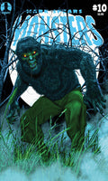 Comic book cover featuring a werewolf-like creature with glowing eyes, sitting in grass.