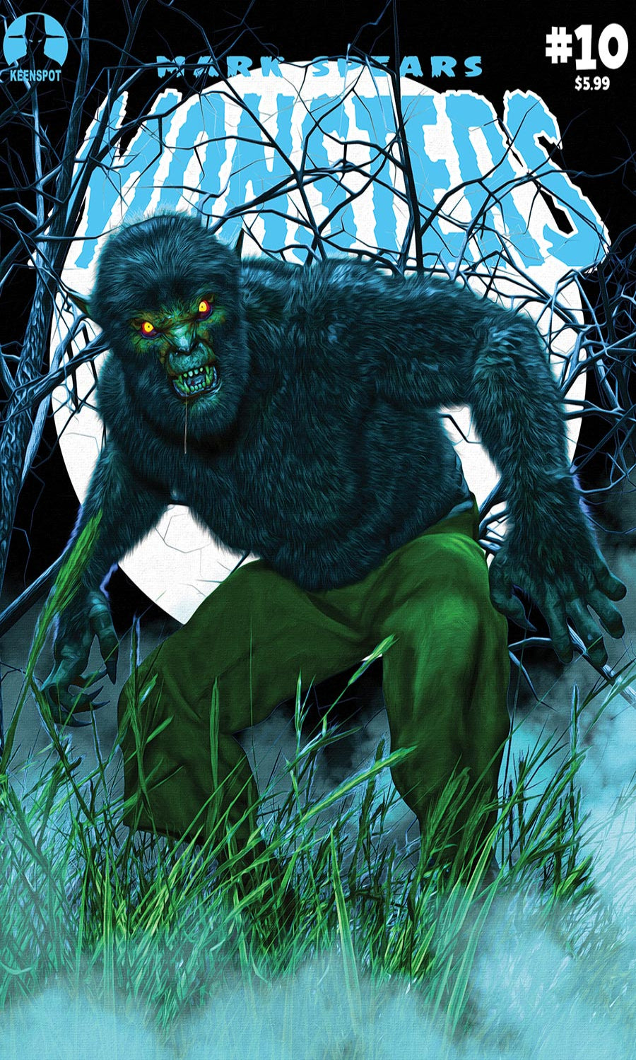 Comic book cover featuring a werewolf-like creature with glowing eyes, sitting in grass.