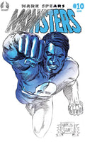 Comic book cover featuring a muscular figure with blue and black design elements.