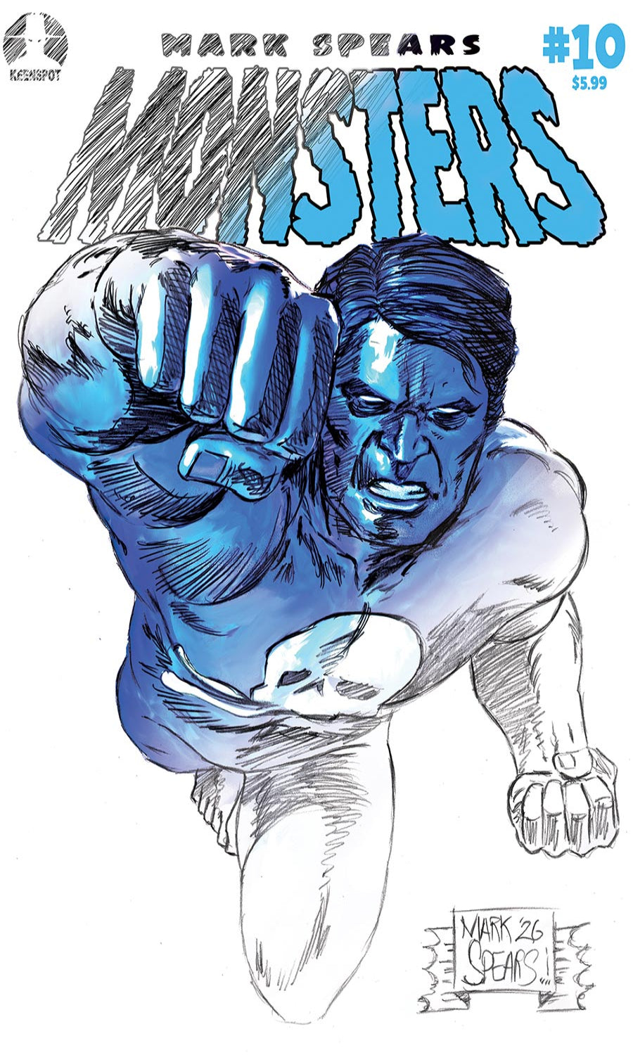 Comic book cover featuring a muscular figure with blue and black design elements.