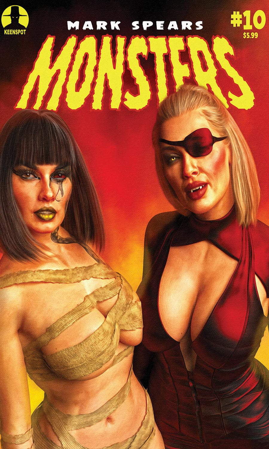 Comic book cover featuring two characters with a fiery background and text 'Mark Spears Monsters #10'.