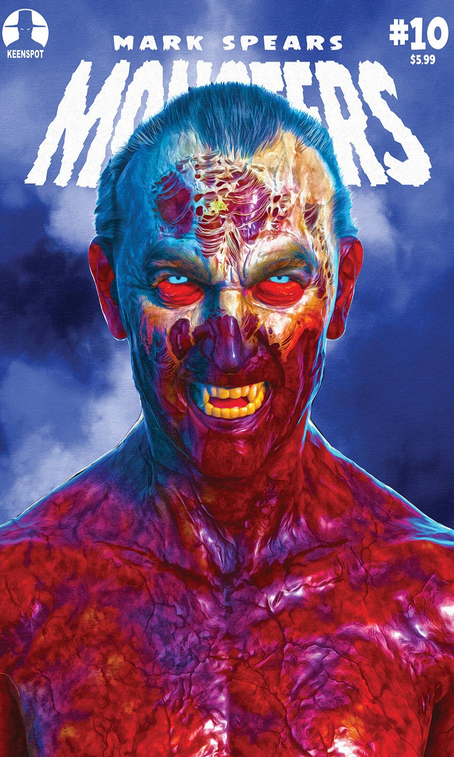 Comic book cover featuring a colorful character with red and blue hues against a dark background.