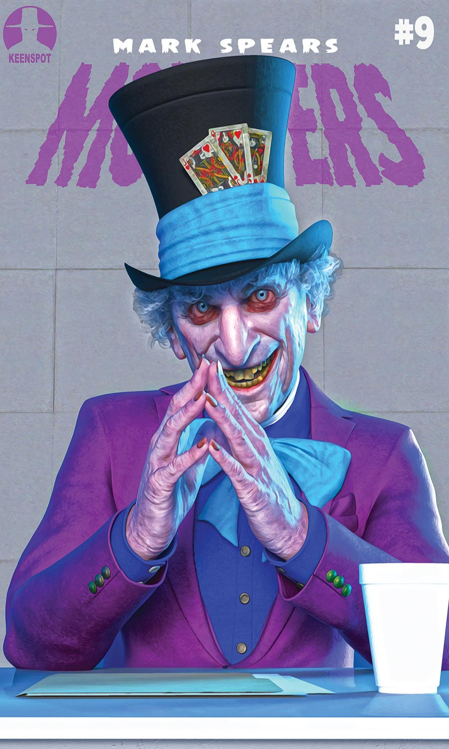 Comic book cover featuring a character in a purple suit and top hat with a card on a table.