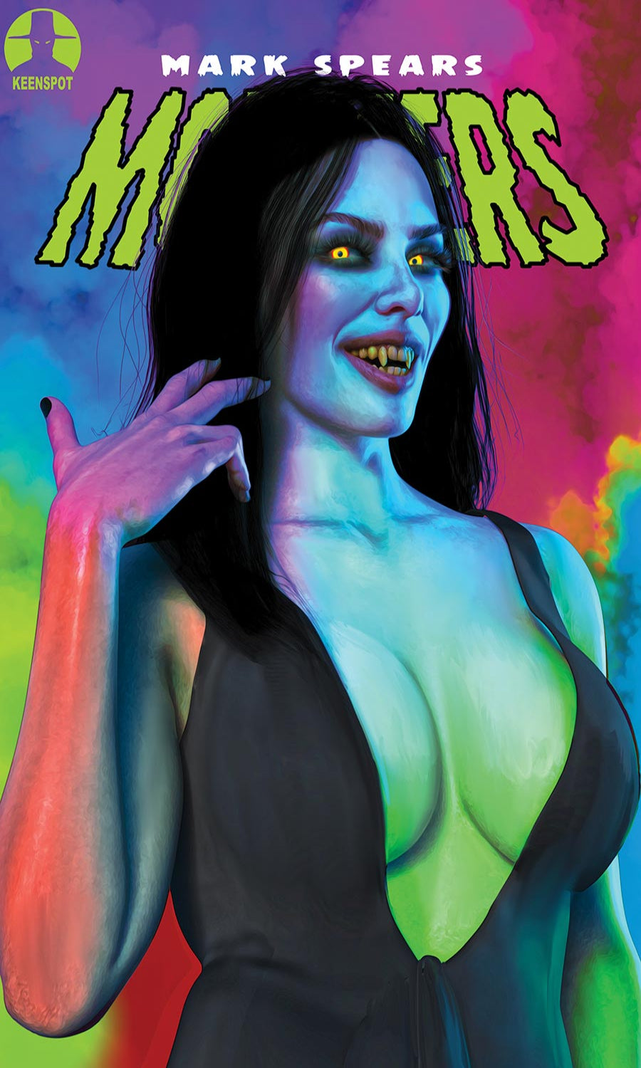 Comic book cover featuring a character with green skin and colorful background, titled 'Monsters' by Mark Spears.