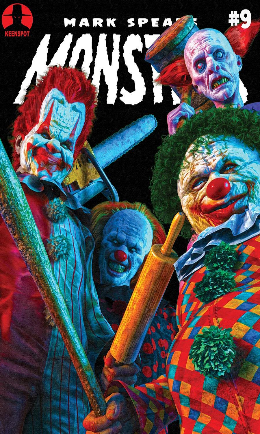 Comic book cover featuring clowns with weapons and text 'Mark Spea Monster #9'.
