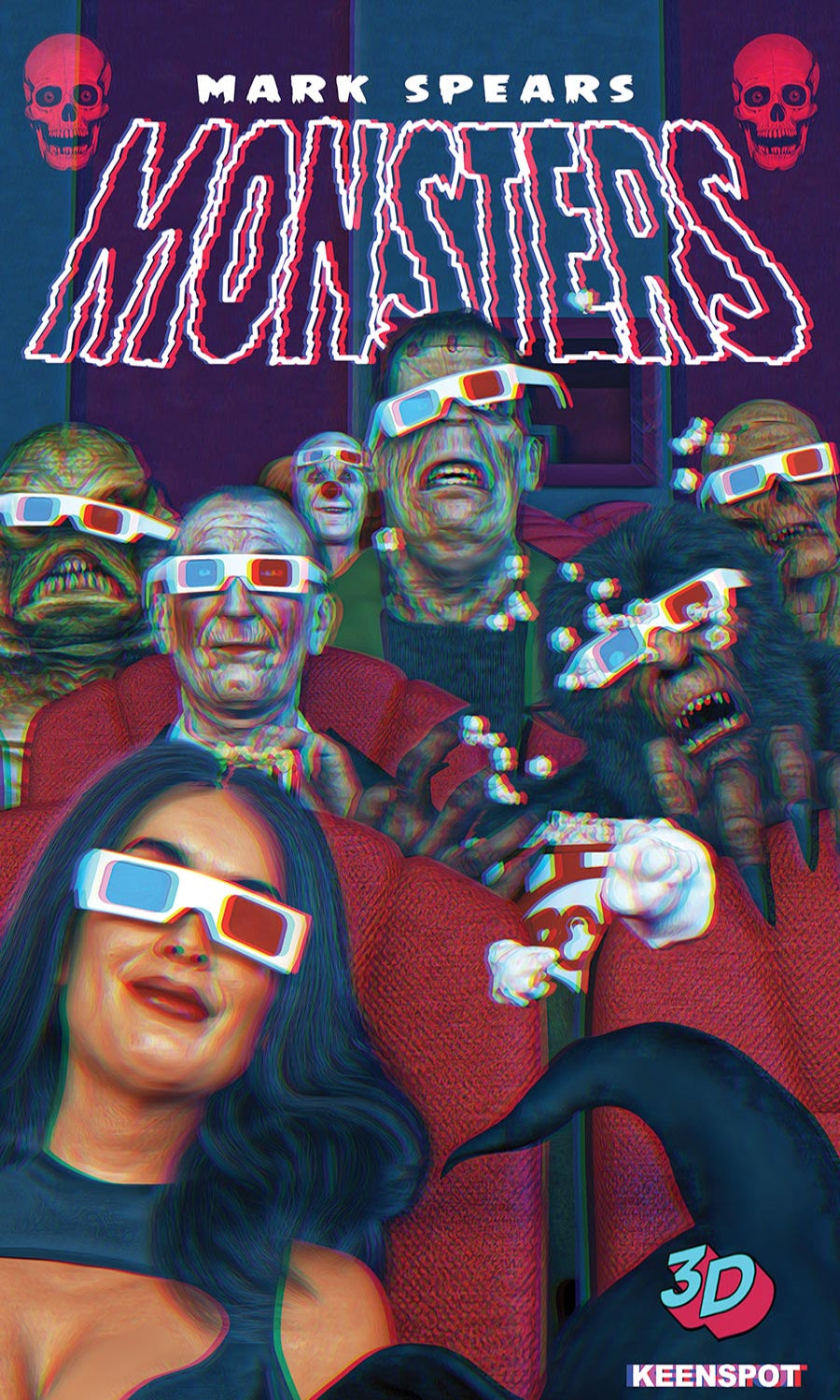Comic book cover titled 'Monsters' by Mark Spears featuring characters with 3D glasses and popcorn.