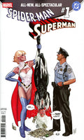 Comic book cover featuring Spider-Man and Superman with a police officer and a baby.