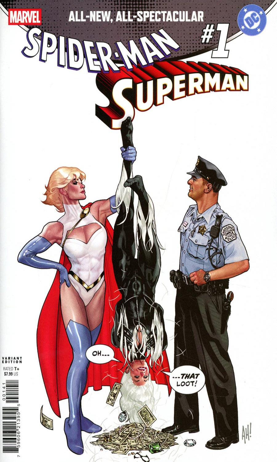 Comic book cover featuring Spider-Man and Superman with a police officer and a baby.