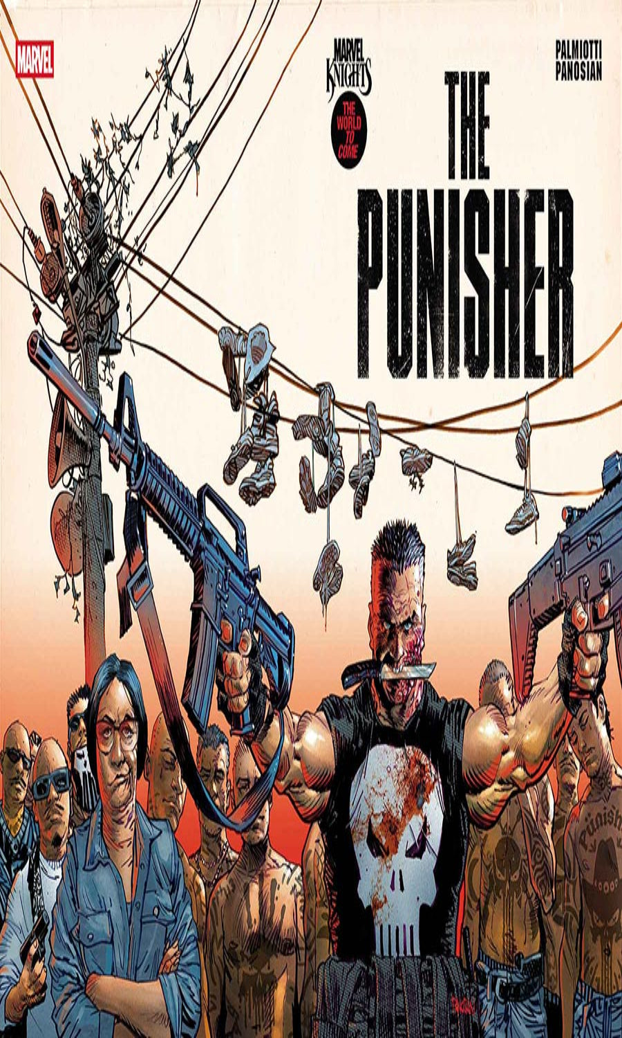 Comic book cover featuring 'The Punisher' with a gun and a crowd in the background.