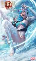 Comic book cover featuring a character with blue hair and a swimsuit, surrounded by water elements, with Marvel logo.