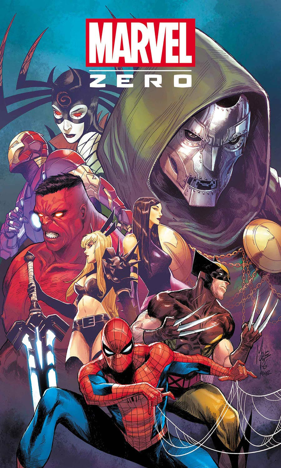 Marvel Zero comic book cover featuring a group of superheroes including Spider-Man, Wolverine, Hawkgirl, Scarlet Witch, and others, with the Marvel Zero title at the top.