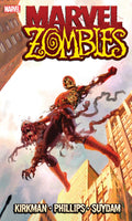Comic book cover of 'Marvel Zombies' with a zombie superhero in the city.