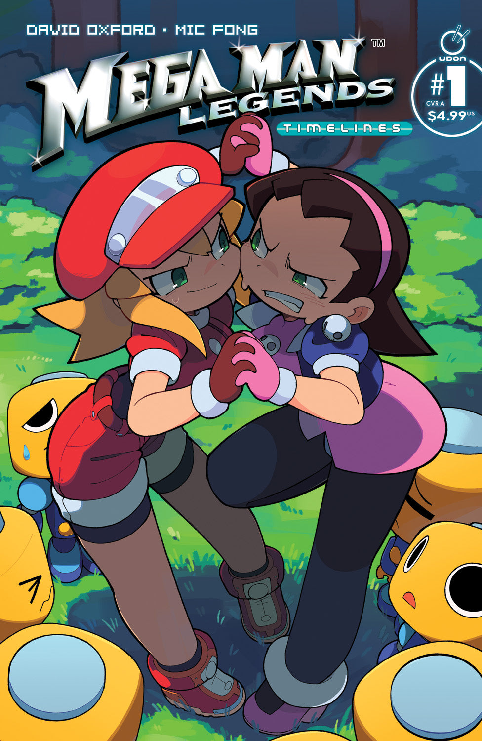 Comic book cover featuring two characters from 'Mega Man Legends' with a colorful background.