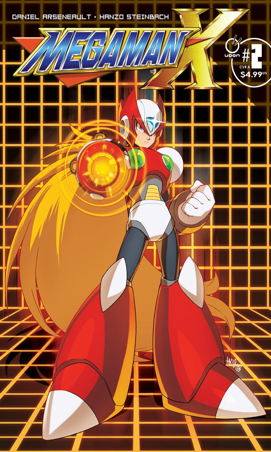 Comic book cover featuring a robot character with a glowing weapon on a grid background