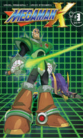 Comic book cover featuring a character from 'Megaman X' with a retro-futuristic design.