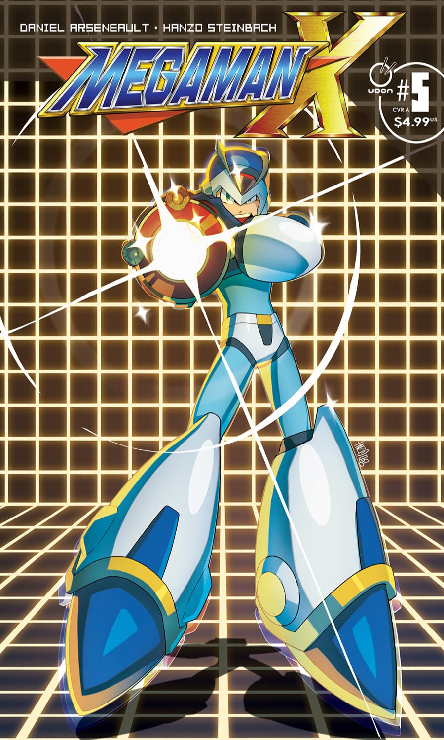 Comic book cover featuring a robot character with a grid background, titled 'MegaMan X'.