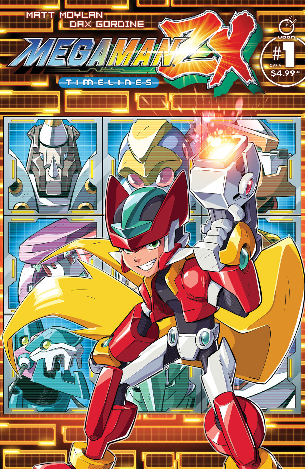Comic book cover featuring a robot character with a dynamic pose, surrounded by other robot figures.