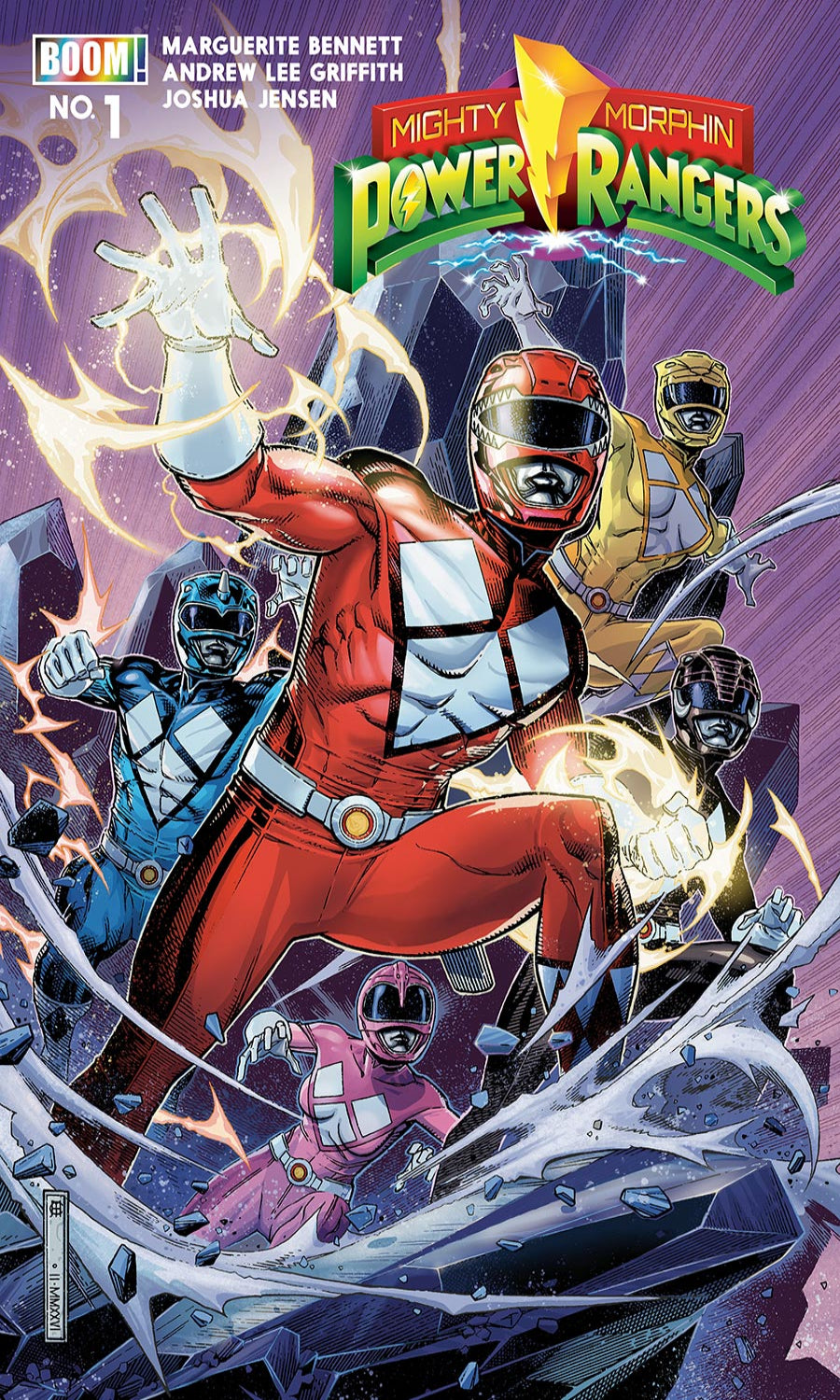 Comic book cover featuring Power Rangers characters with a purple background