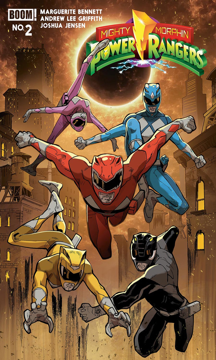 Comic book cover featuring Mighty Morphin Power Rangers in action poses with a cityscape background.