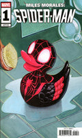 Comic book cover for Marvel's Miles Morales: Spider-Man #1, featuring a rubber duck styled as Miles Morales with a black and red spider suit, sitting in a bathtub with tiled walls and bubbles.
