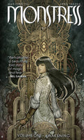 Book cover of 'Monstress' with a woman and intricate design elements.