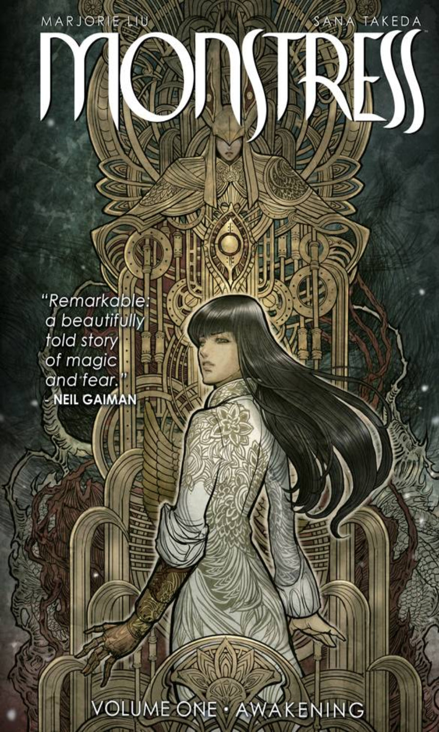 Book cover of 'Monstress' with a woman and intricate design elements.