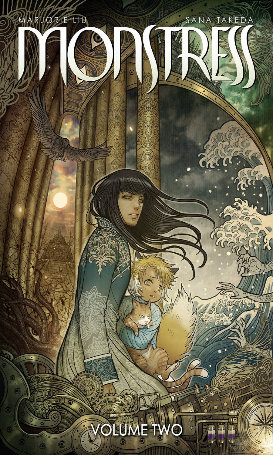 Cover of 'Monstress' Volume Two with a woman holding a child and a bird flying above.