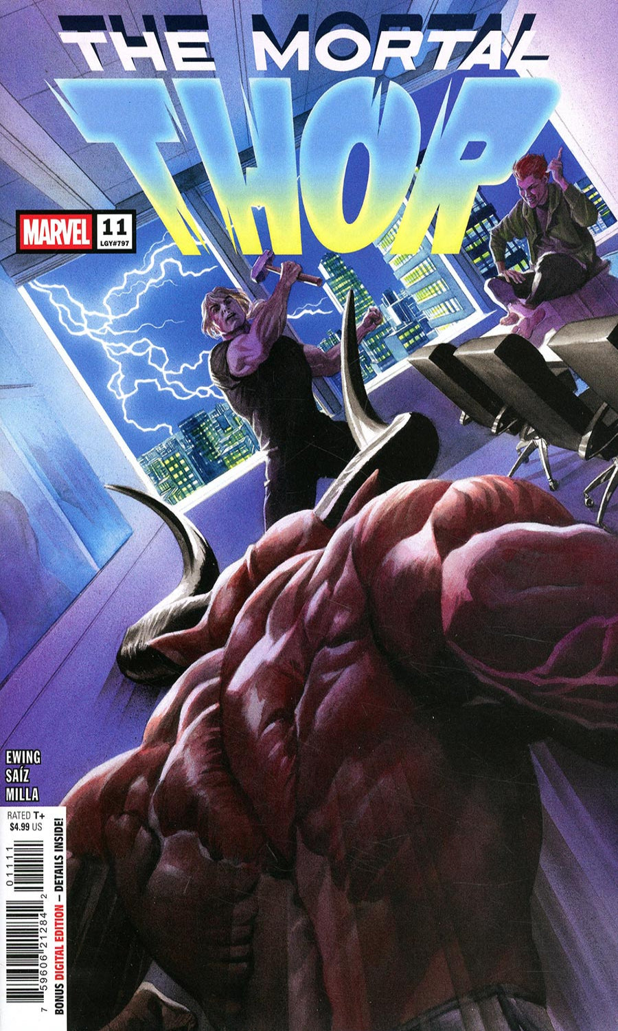 Comic book cover featuring a muscular figure and a character with horns, set against a cityscape background.
