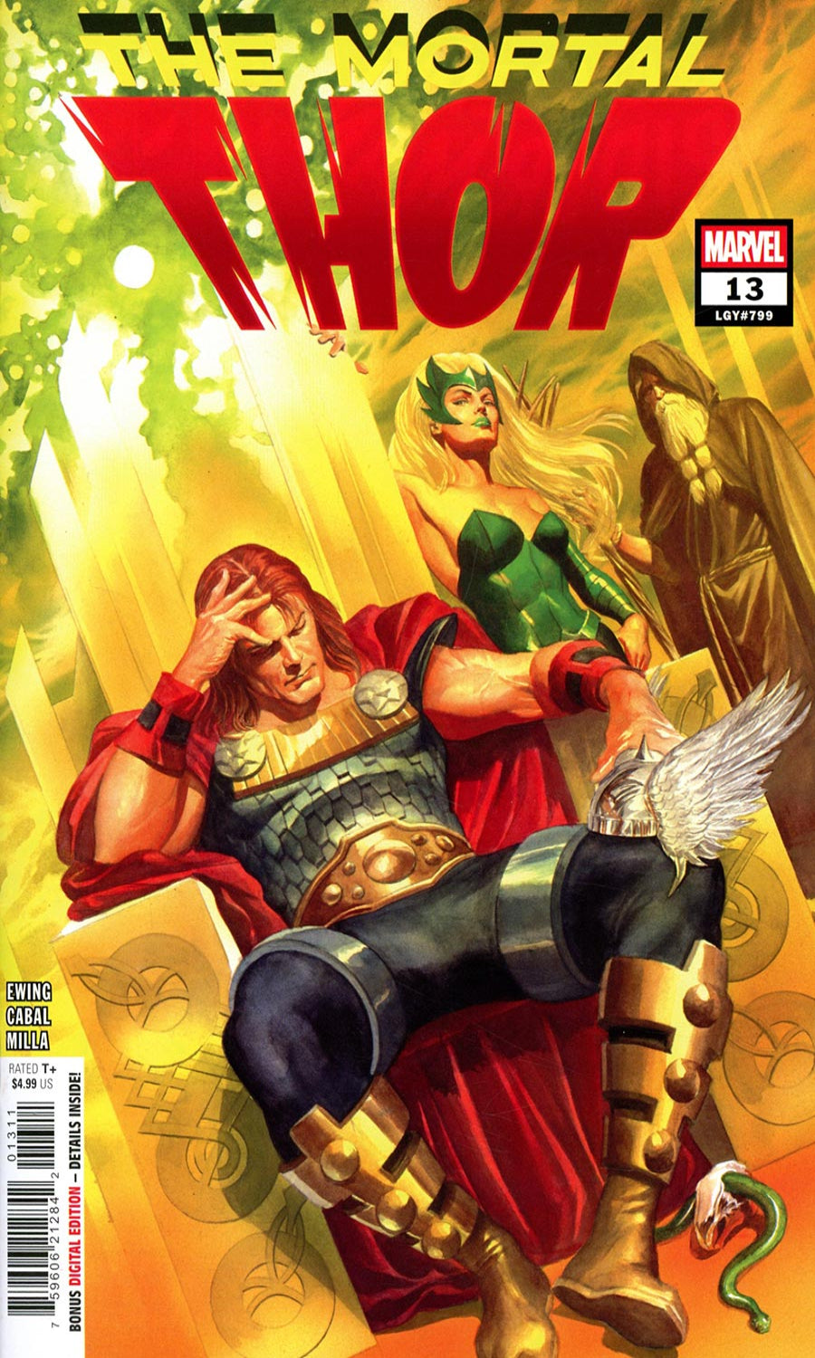 Comic book cover for The Mortal Thor #13 published by Marvel. The cover features a dramatic illustration of Thor in his classic red cape and armor, seated in a chair, with a blonde woman in green and a robed figure in the background.