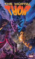Comic book cover of 'The Mortal Thor' with a cosmic background and superhero figure.