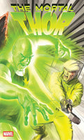 Comic book cover featuring 'The Mortal Thor' with a green glowing effect and two characters in action poses.