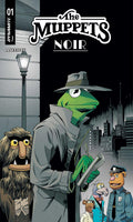 Comic book cover of 'The Muppets Noir' featuring Kermit the Frog in a city street setting.