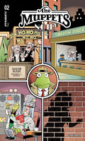 Comic book cover of 'The Muppets Noir' featuring Kermit the Frog and other characters in a noir-themed setting.
