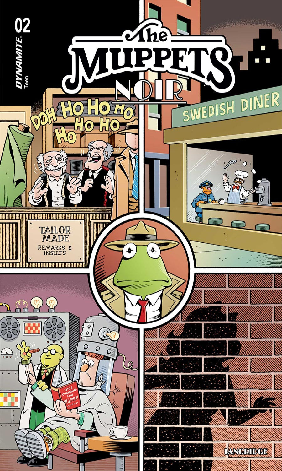 Comic book cover of 'The Muppets Noir' featuring Kermit the Frog and other characters in a noir-themed setting.