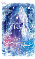 Book cover of 'My Contract with the Apothecary Monster' featuring two characters in a snowy setting.