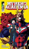Comic book cover of 'My Hero Academia' with a large character and a smaller character in front, on a yellow background.