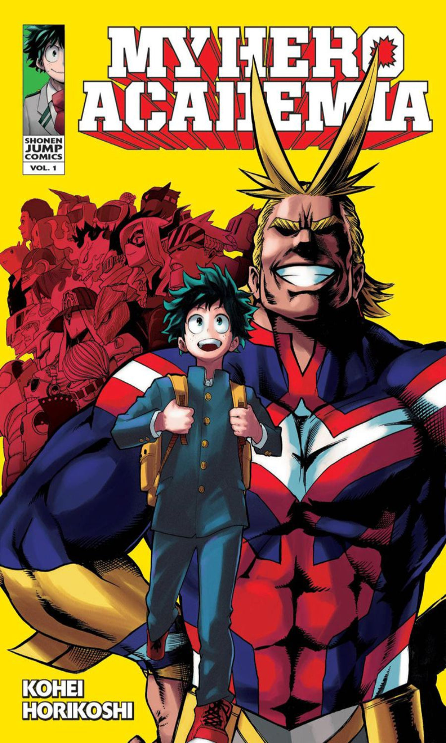 Comic book cover of 'My Hero Academia' with a large character and a smaller character in front, on a yellow background.