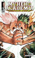 Comic book cover of 'My Hero Academia' with two characters facing each other.