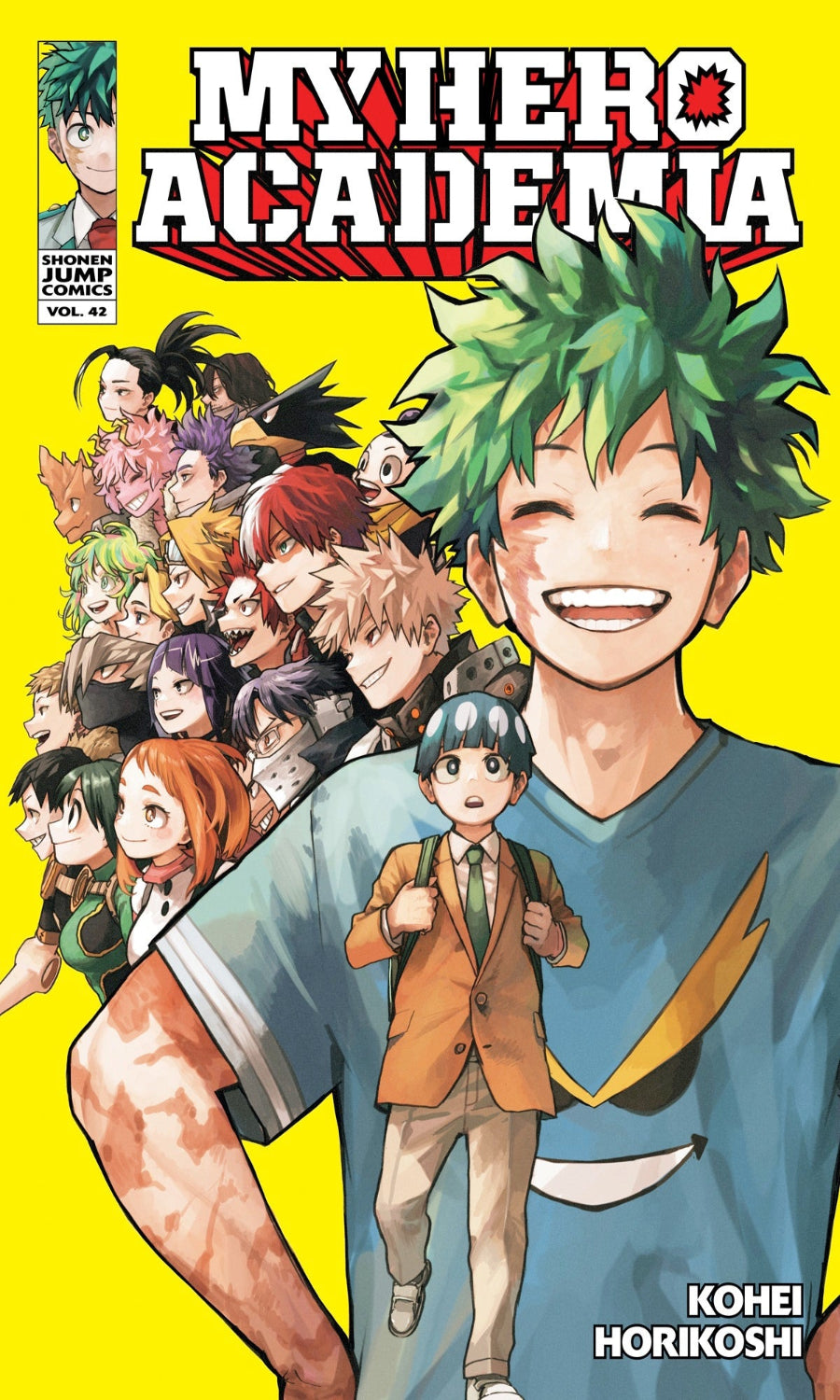 Cover of 'My Hero Academia' with characters and main protagonist on a yellow background