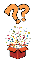 Red box with colorful confetti and question marks above on a white background