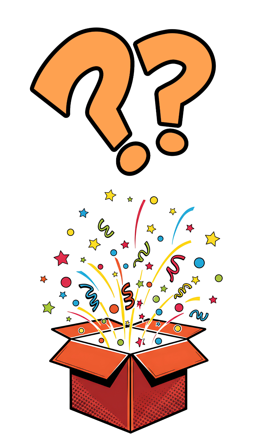 Red box with colorful confetti and question marks above on a white background